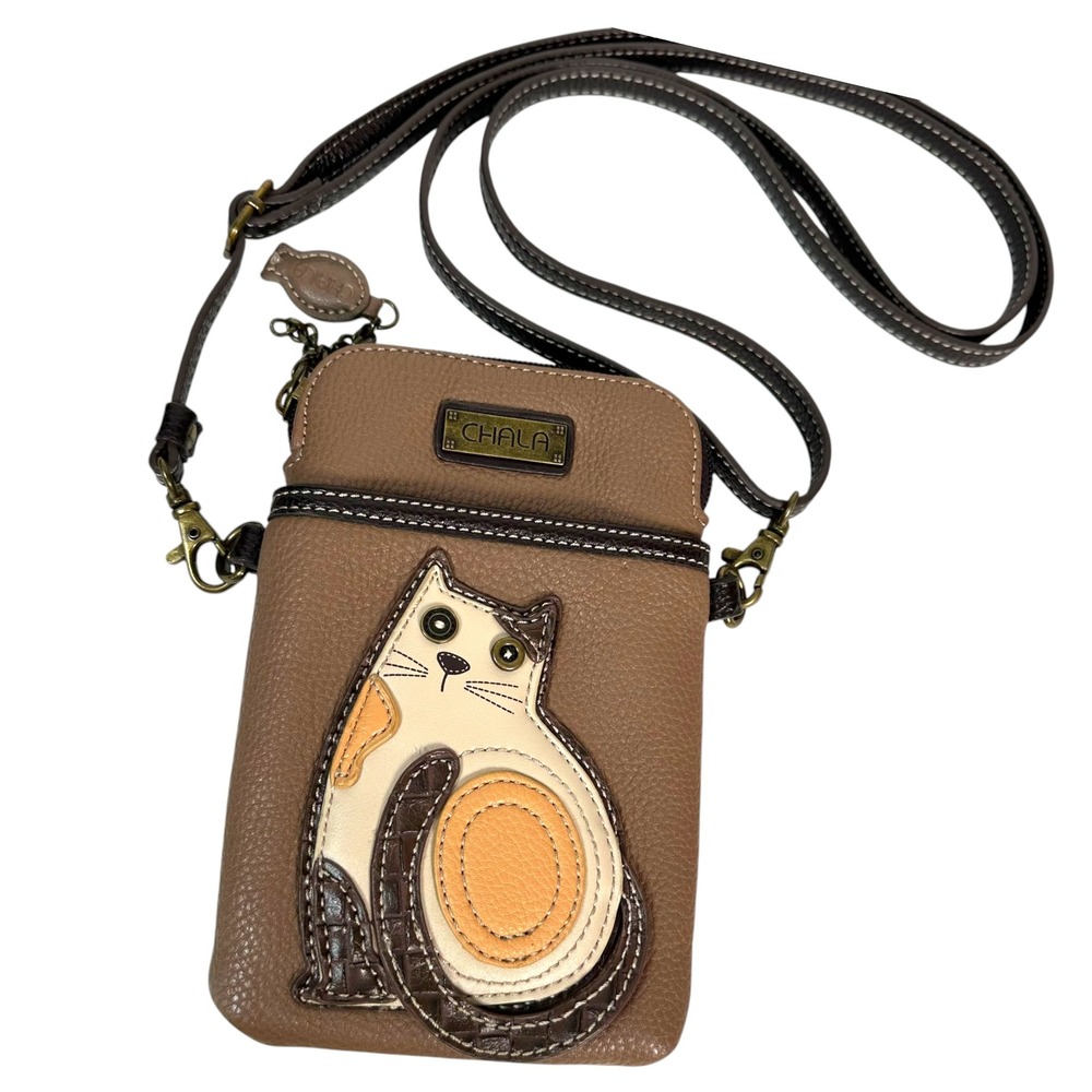 Chala Crossbody Phone Purse Calico Cat Applique Brown Faux Leather OS Whimsical